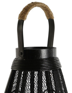 Grande Lanterne déco africaine à bougie 28x50 Métal Noir Rotin Naturel Verre Transparent Sariel - 1 2