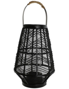 Grande Lanterne déco africaine à bougie 27x40 Métal Noir Rotin Naturel Verre Transparent Sariel - 1
