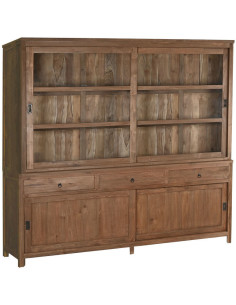 Grand Buffet Vitrine rustique Haut 4 portes 3 tiroirs en Bois de teck recyclé Marron Verre Transparent Grylo - 1