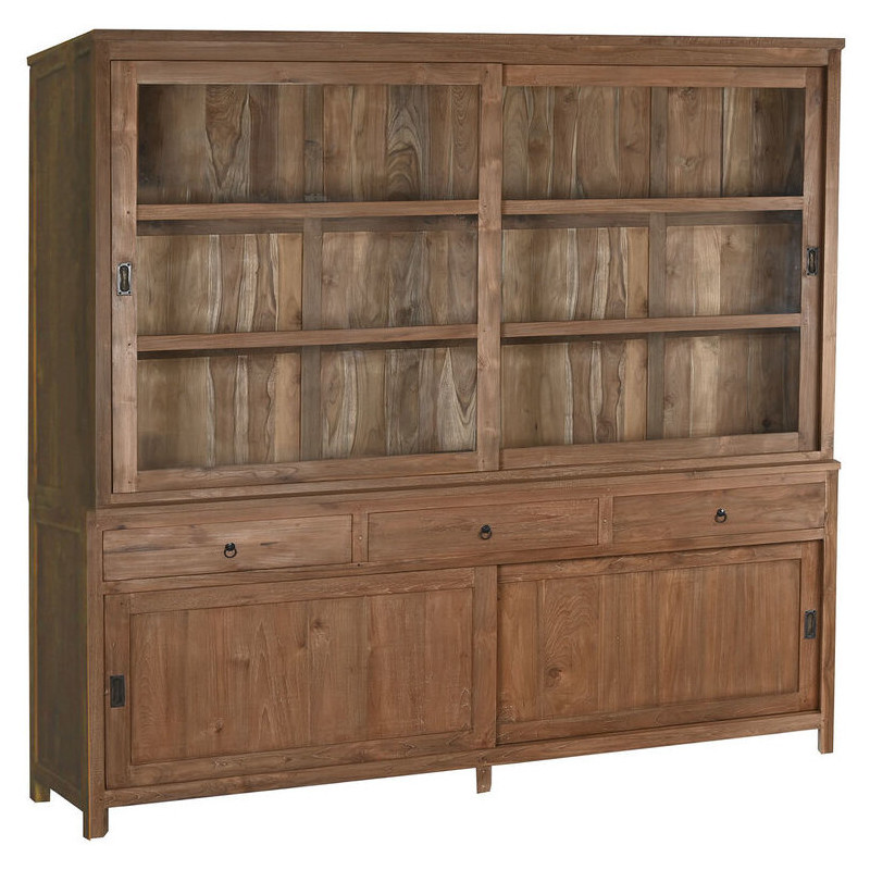Grand Buffet Vitrine rustique Haut 4 portes 3 tiroirs en Bois de teck recyclé Marron Verre Transparent Grylo - 1