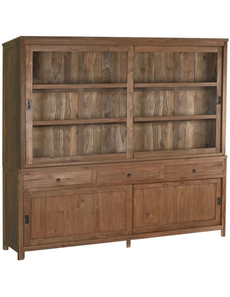 Grand Buffet Vitrine rustique Haut 4 portes 3 tiroirs en Bois de teck recyclé Marron Verre Transparent Grylo - 1