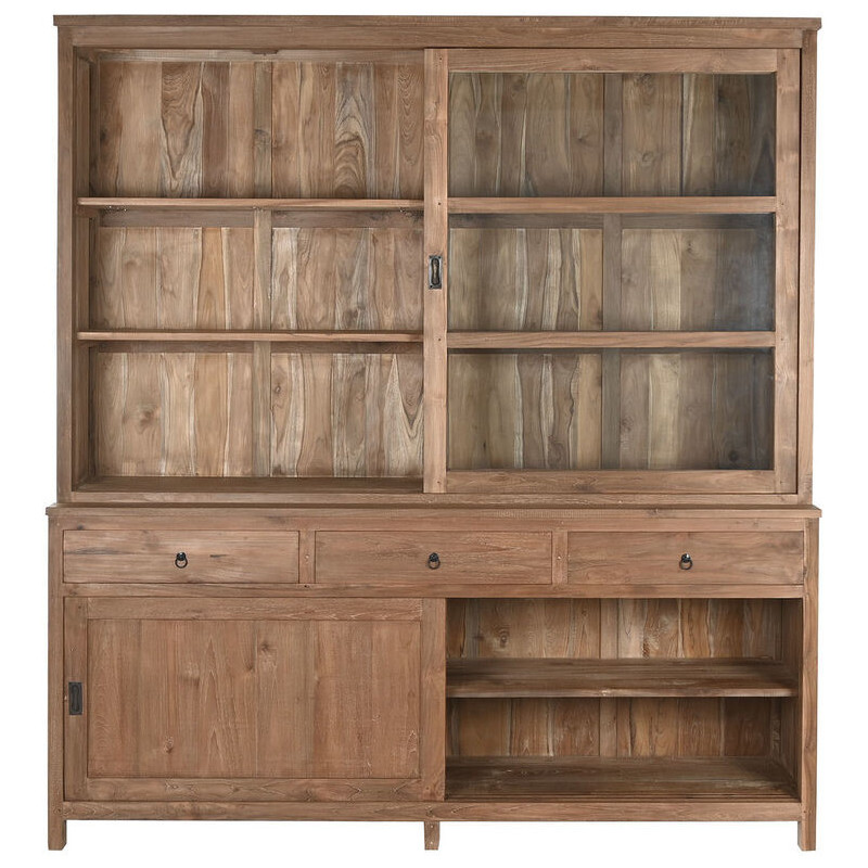 Grand Buffet Vitrine rustique Haut 4 portes 3 tiroirs en Bois de teck recyclé Marron Verre Transparent Grylo - 2