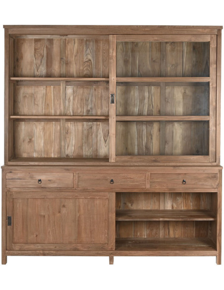 Grand Buffet Vitrine rustique Haut 4 portes 3 tiroirs en Bois de teck recyclé Marron Verre Transparent Grylo - 2