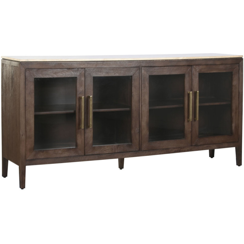 Grand Buffet moderne chic Bas 4 portes Bois de manguier Marron Marbre Beige Travertin Verre Transparent Mariso - 1