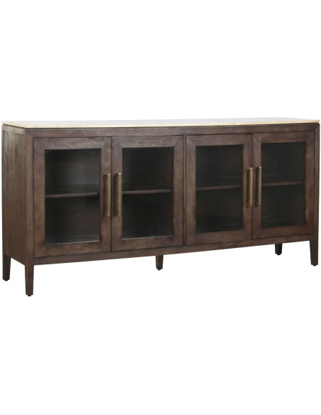 Grand Buffet moderne chic Bas 4 portes Bois de manguier Marron Marbre Beige Travertin Verre Transparent Mariso - 1