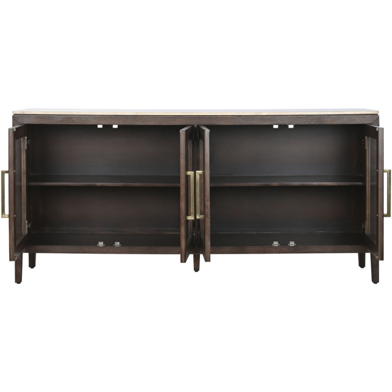 Grand Buffet moderne chic Bas 4 portes Bois de manguier Marron Marbre Beige Travertin Verre Transparent Mariso - 3