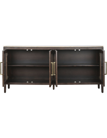 Grand Buffet moderne chic Bas 4 portes Bois de manguier Marron Marbre Beige Travertin Verre Transparent Mariso - 3
