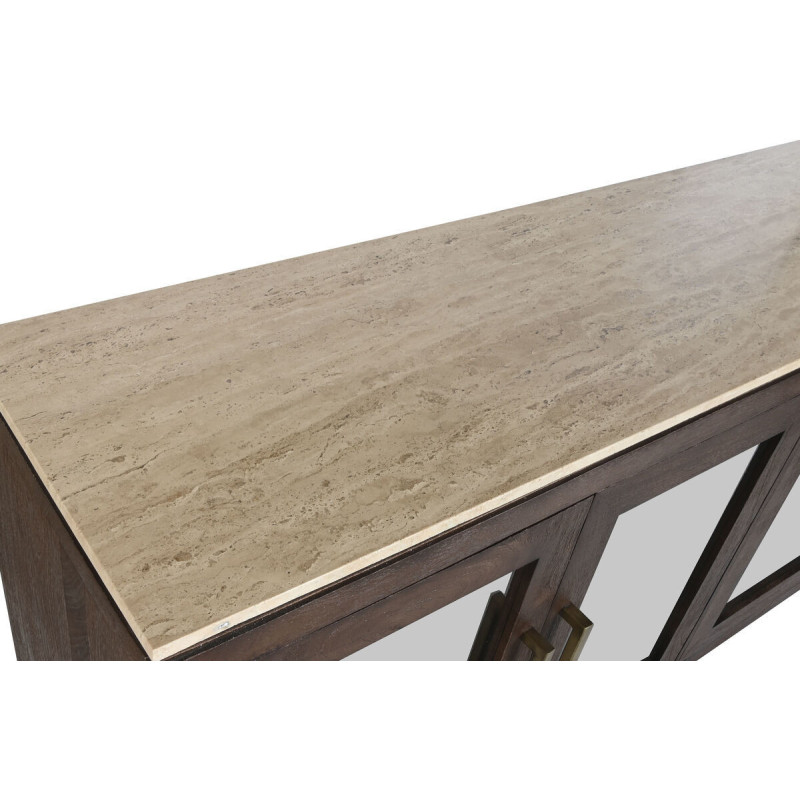 Grand Buffet moderne chic Bas 4 portes Bois de manguier Marron Marbre Beige Travertin Verre Transparent Mariso - 4