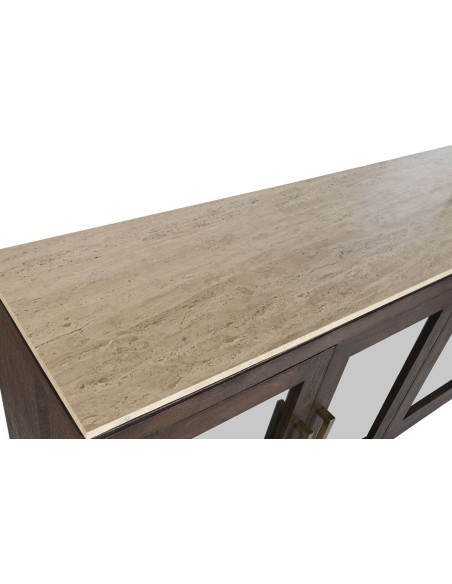 Grand Buffet moderne chic Bas 4 portes Bois de manguier Marron Marbre Beige Travertin Verre Transparent Mariso - 4