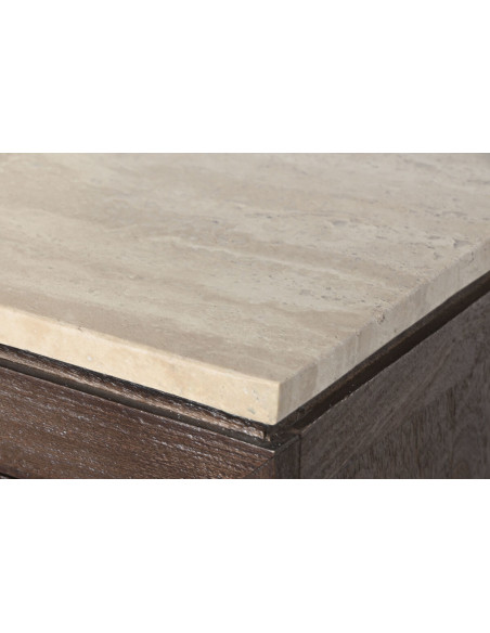 Grand Buffet moderne chic Bas 4 portes Bois de manguier Marron Marbre Beige Travertin Verre Transparent Mariso - 5