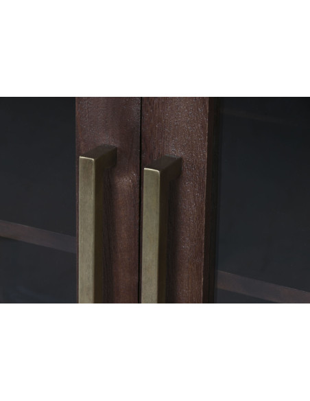 Grand Buffet moderne chic Bas 4 portes Bois de manguier Marron Marbre Beige Travertin Verre Transparent Mariso - 6