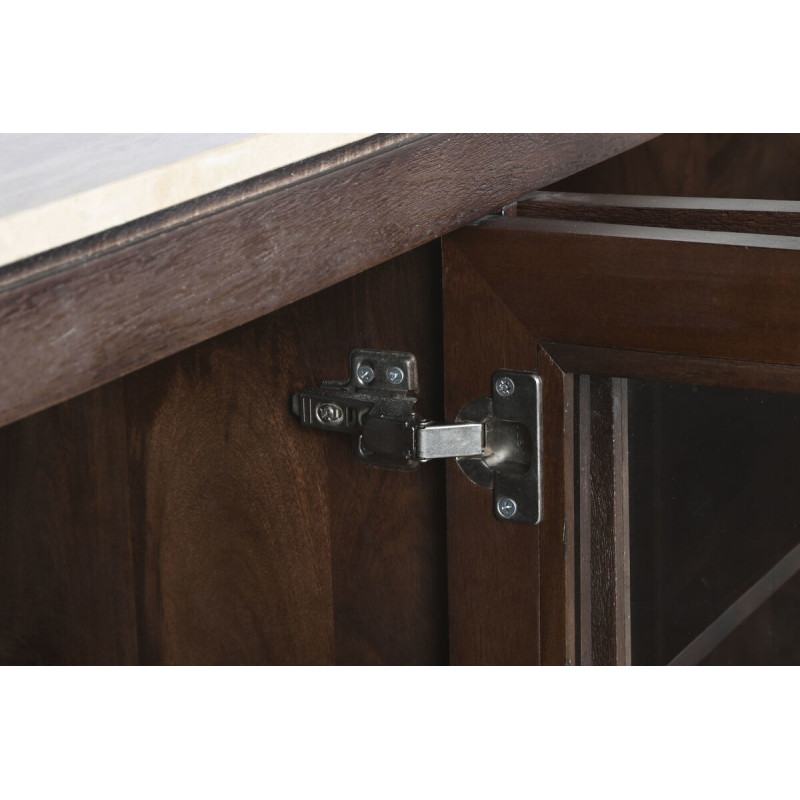 Grand Buffet moderne chic Bas 4 portes Bois de manguier Marron Marbre Beige Travertin Verre Transparent Mariso - 7
