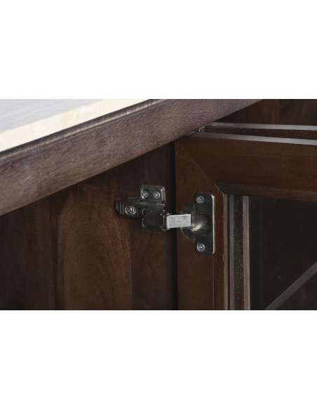 Grand Buffet moderne chic Bas 4 portes Bois de manguier Marron Marbre Beige Travertin Verre Transparent Mariso - 7