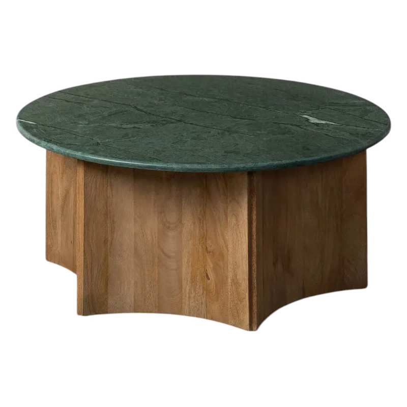 Table basse moderne chic Ronde 97 cm en Marbre Vert Bois de manguier Naturel Norvio - 1