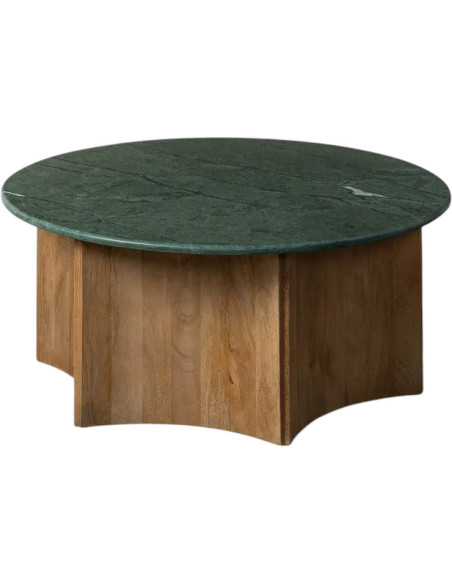 Table basse moderne chic Ronde 97 cm en Marbre Vert Bois de manguier Naturel Norvio - 1