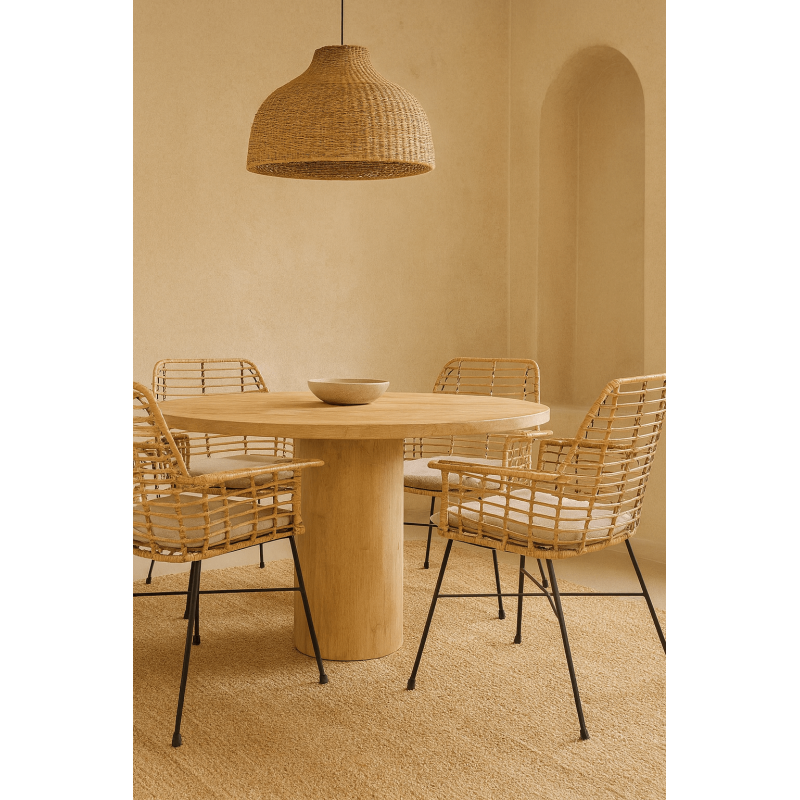 Fauteuil de table bohème Fibre Naturel Tressé Métal Noir Tissu Beige Galira - 2