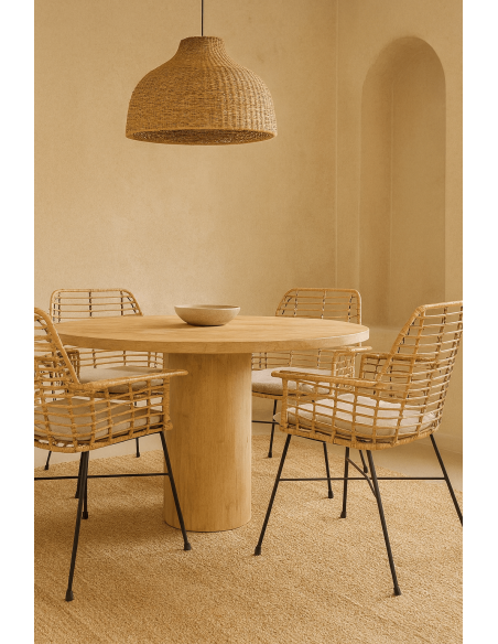 Fauteuil de table bohème Fibre Naturel Tressé Métal Noir Tissu Beige Galira - 2