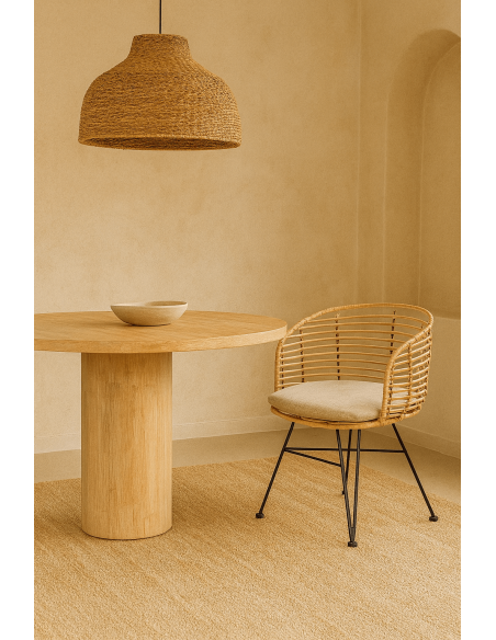 Fauteuil de table bohème Fibre Naturel Tressé Métal Noir Tissu Beige Finira