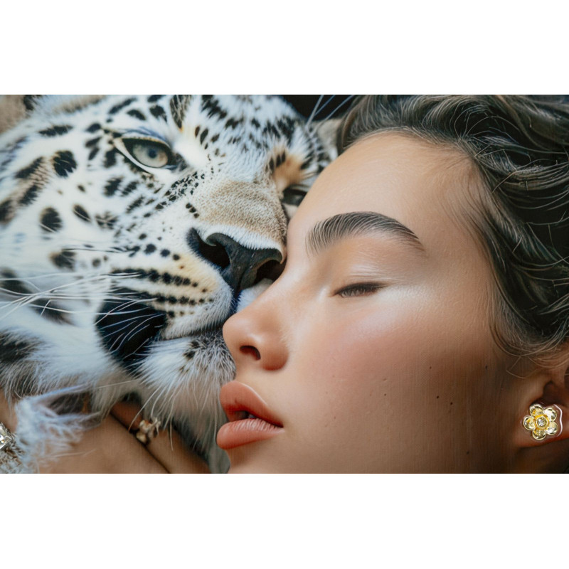 Grande Toile murale peinte Femme Léopard des neiges 52x102 avec cadre doré Moira 