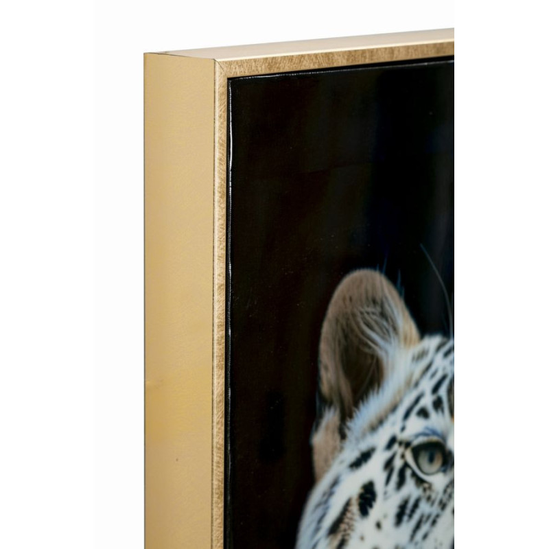 Grande Toile murale peinte Femme Léopard des neiges 52x102 avec cadre doré Moira 