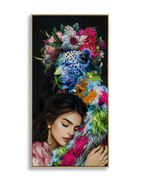 Grande Toile murale peinte Femme & Félin 52x102 avec cadre doré Moira 