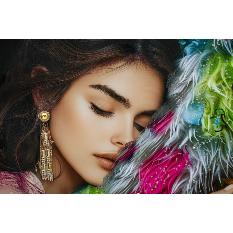 Grande Toile murale peinte Femme & Félin 52x102 avec cadre doré Moira 