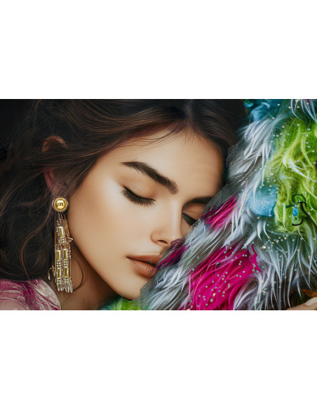 Grande Toile murale peinte Femme & Félin 52x102 avec cadre doré Moira 