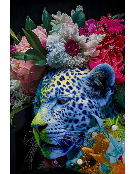 Grande Toile murale peinte Femme & Félin 52x102 avec cadre doré Moira 