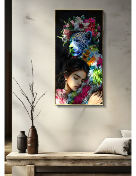 Grande Toile murale peinte Femme & Félin 52x102 avec cadre doré Moira 
