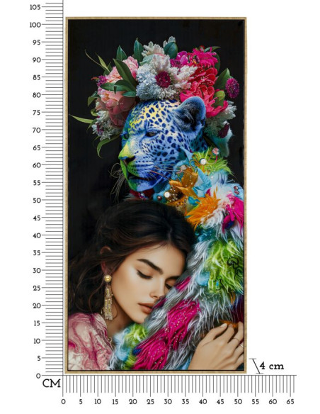 Grande Toile murale peinte Femme & Félin 52x102 avec cadre doré Moira 