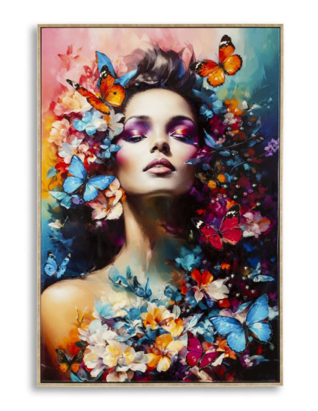 Toile murale peinte sombre Femme Papillons 62x92 avec cadre doré Marty 