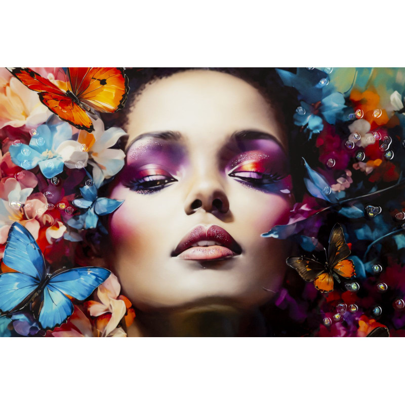 Toile murale peinte sombre Femme Papillons 62x92 avec cadre doré Marty 