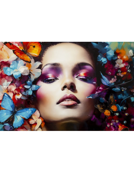 Toile murale peinte sombre Femme Papillons 62x92 avec cadre doré Marty 