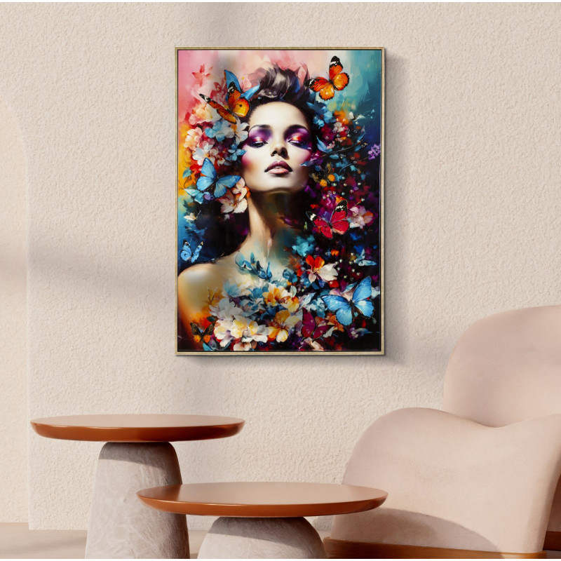 Toile murale peinte sombre Femme Papillons 62x92 avec cadre doré Marty 
