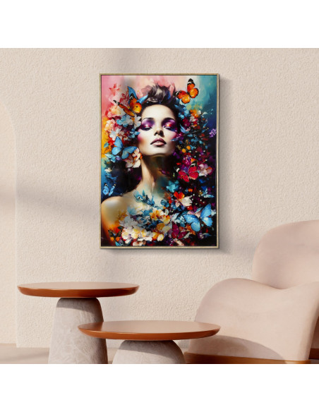 Toile murale peinte sombre Femme Papillons 62x92 avec cadre doré Marty 