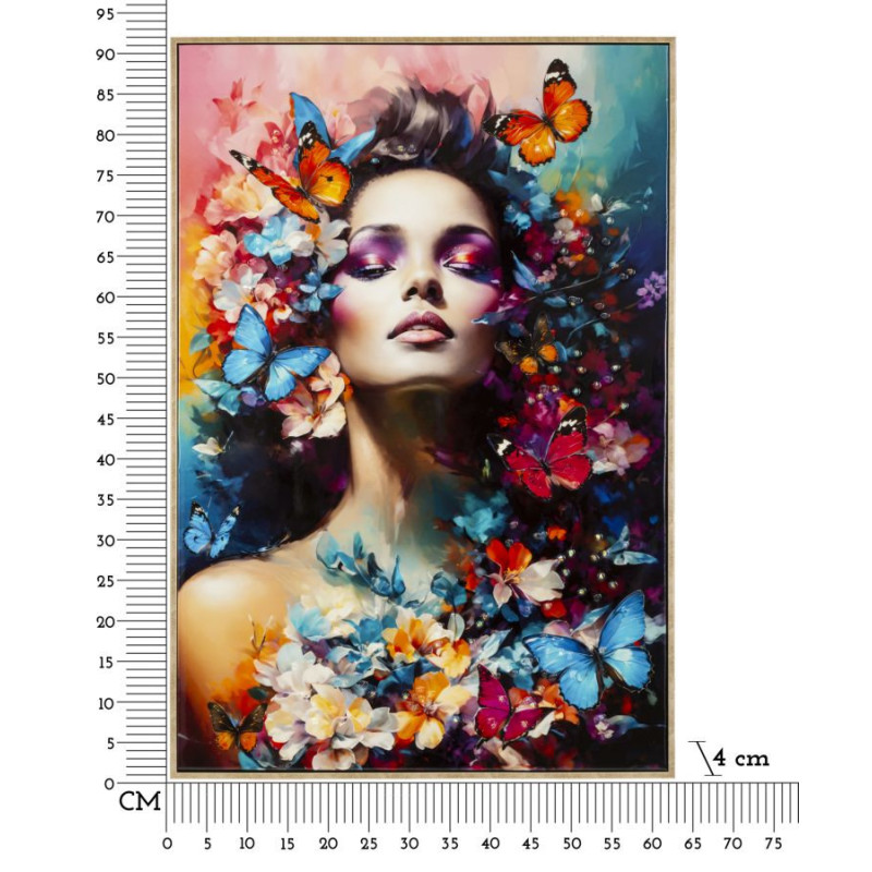 Toile murale peinte sombre Femme Papillons 62x92 avec cadre doré Marty 