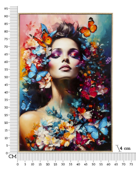 Toile murale peinte sombre Femme Papillons 62x92 avec cadre doré Marty 