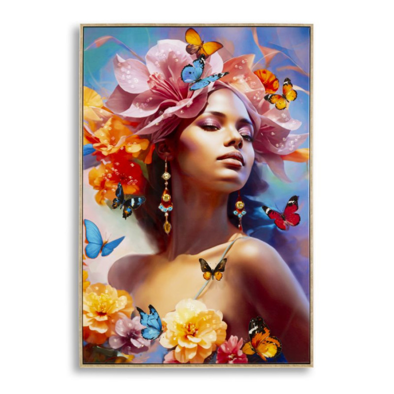 Toile murale peinte claire Femme Papillons 62x92 avec cadre doré Marty 