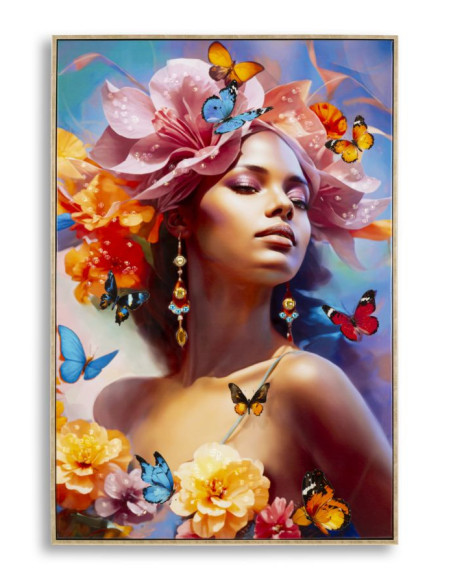 Toile murale peinte claire Femme Papillons 62x92 avec cadre doré Marty 