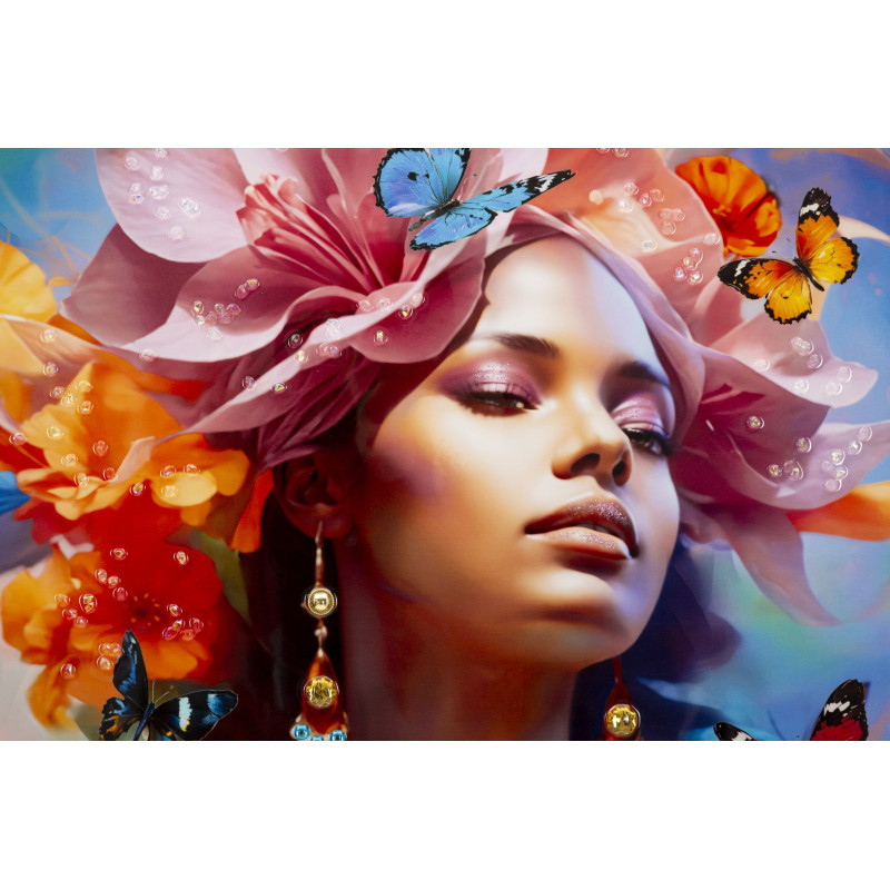 Toile murale peinte claire Femme Papillons 62x92 avec cadre doré Marty 