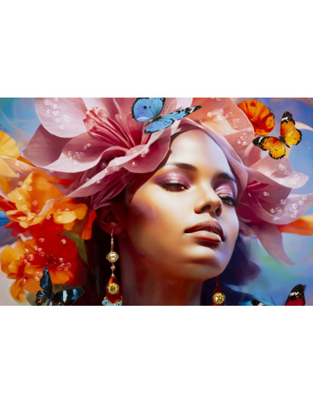 Toile murale peinte claire Femme Papillons 62x92 avec cadre doré Marty 