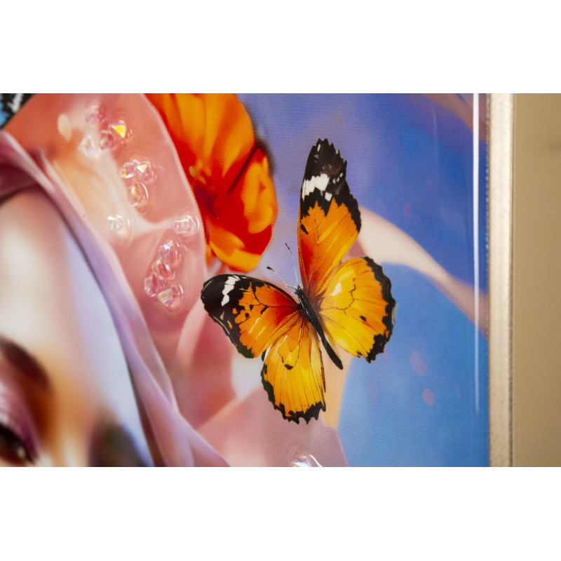 Toile murale peinte claire Femme Papillons 62x92 avec cadre doré Marty 