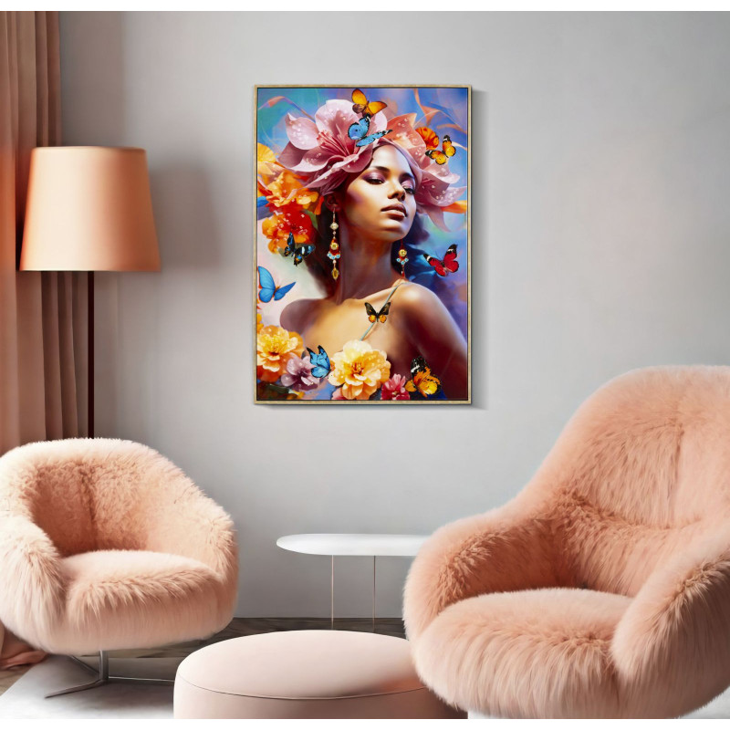 Toile murale peinte claire Femme Papillons 62x92 avec cadre doré Marty 