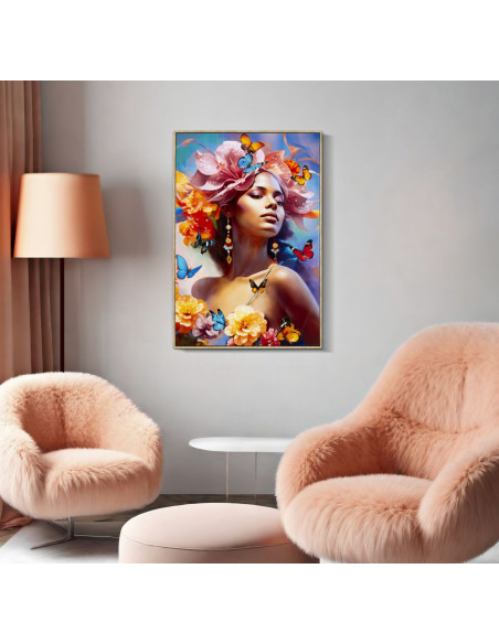 Toile murale peinte claire Femme Papillons 62x92 avec cadre doré Marty 