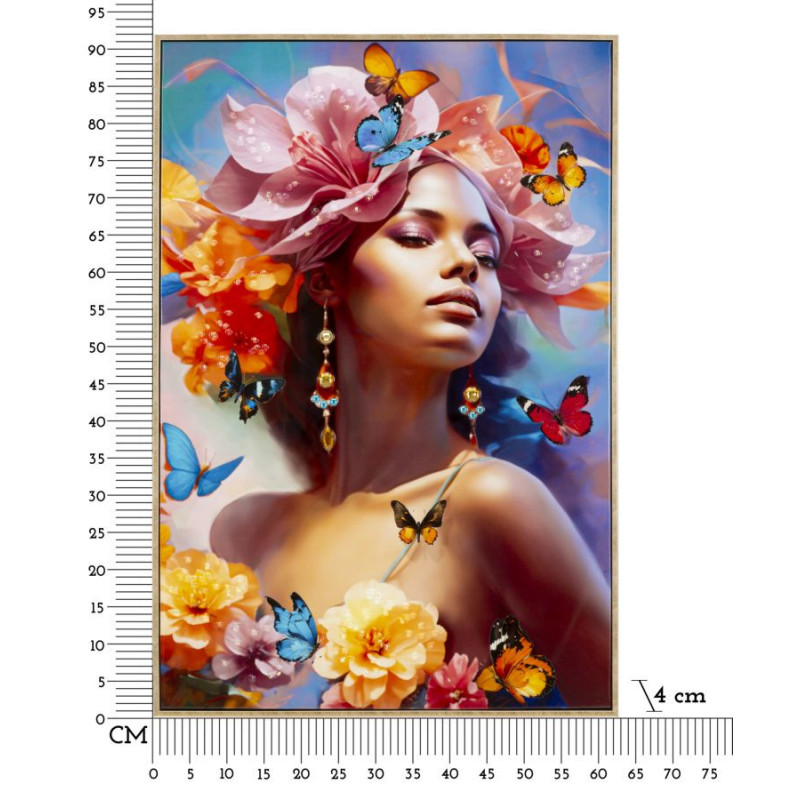 Toile murale peinte claire Femme Papillons 62x92 avec cadre doré Marty 