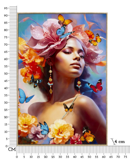 Toile murale peinte claire Femme Papillons 62x92 avec cadre doré Marty 