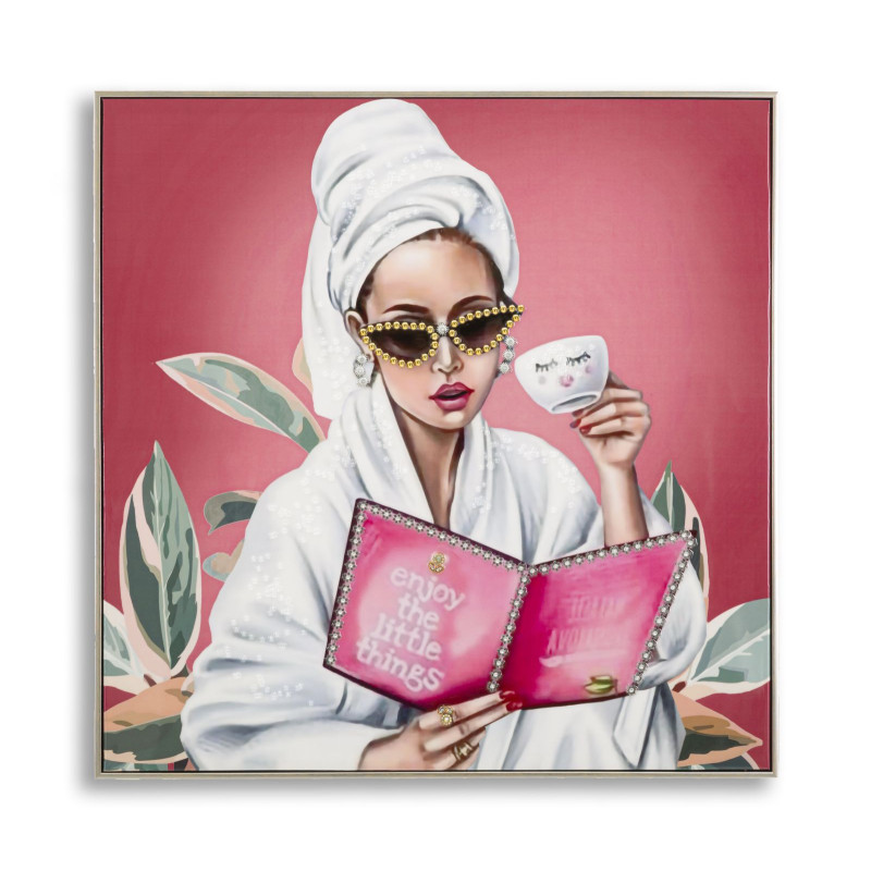 Toile murale peinte Femme spa Enjoy 82x82 avec cadre argenté Luxury 