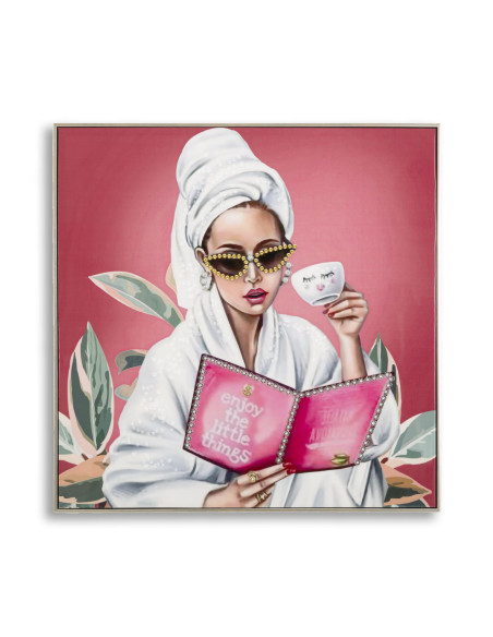 Toile murale peinte Femme spa Enjoy 82x82 avec cadre argenté Luxury 