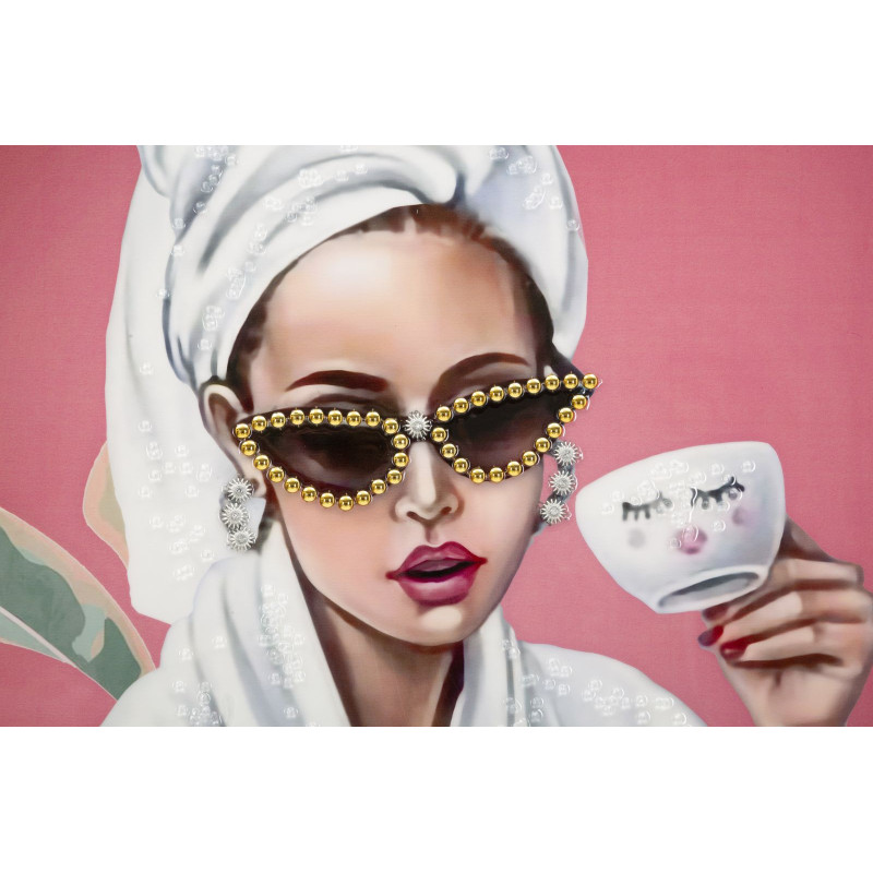 Toile murale peinte Femme spa Enjoy 82x82 avec cadre argenté Luxury 