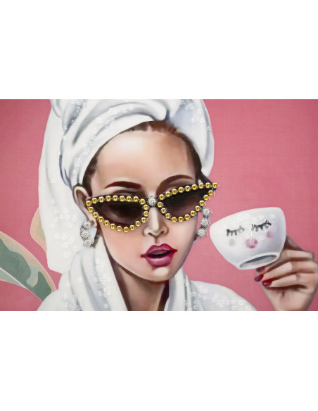 Toile murale peinte Femme spa Enjoy 82x82 avec cadre argenté Luxury 